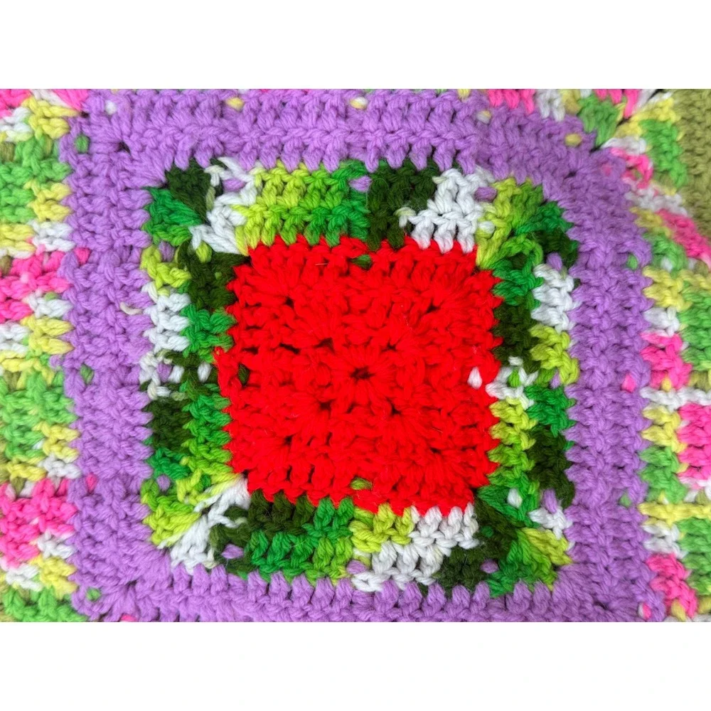 Vintage Granny Square Afghan Blanket Orange Multi Crochet Motifs 95''x115'' L